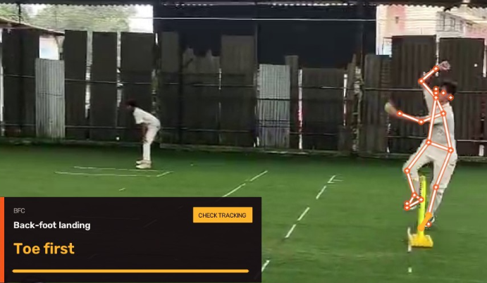 AI skeletal tracking detecting toe-first back-foot landing at BFC during fast bowling action