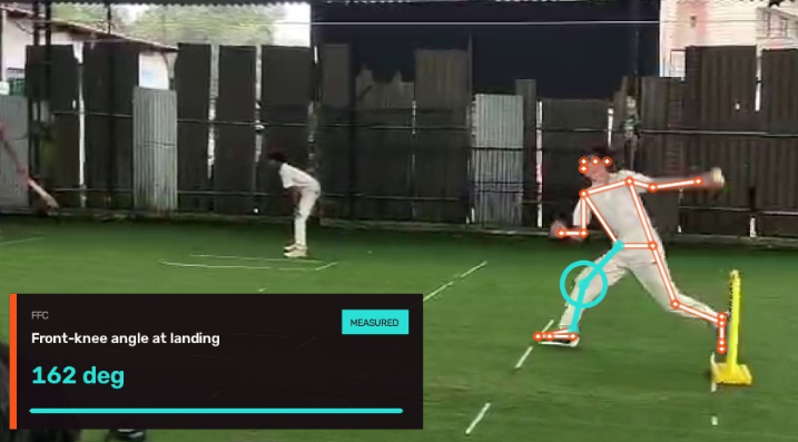 CricketIQ computer vision pose estimation tracking front-knee brace angle at landing showing 162 degrees