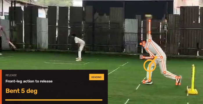 AI computer vision tracking front-leg action to release showing bent 5 degrees dynamic yield