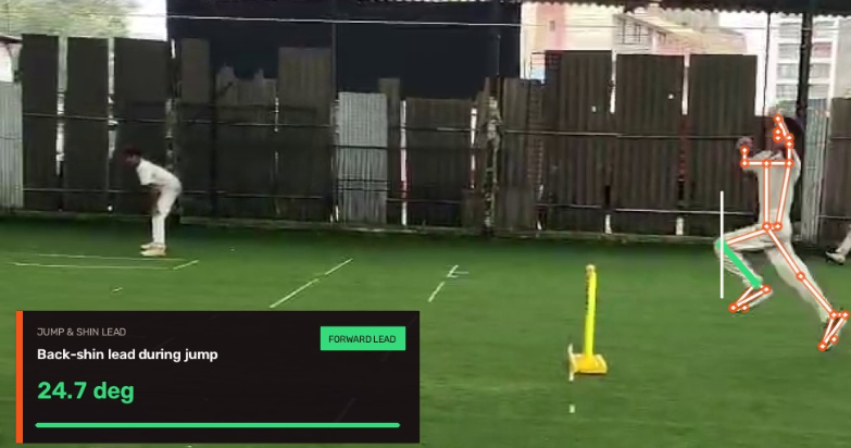 AI pose estimation skeletal tracking of fast bowler during jump showing 24.7 degree forward back-shin lead